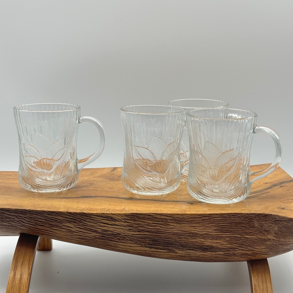 Arcoroc France Canterbury Crocus Clear Glass Mugs Set of 4 - Picture 2 of 6